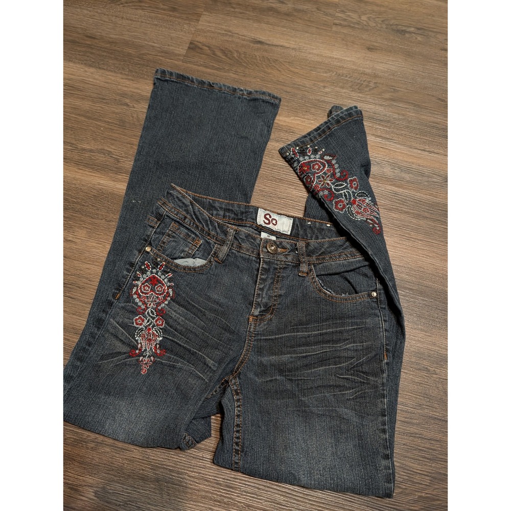 SO Girls Dark Wash Flare Jeans Size 14 Floral Embroidered Rhinestone Y2K Boho